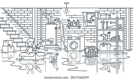 Illustration of messy home basement with leaking boiler causing flood water while child plays in cardboard box boat near washing machine and shelf.
