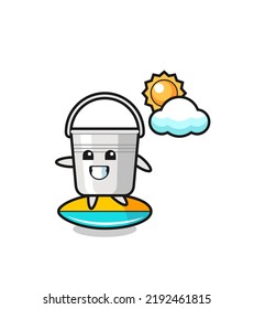 Illustration of metal bucket cartoon do surfing on the beach , cute style design for t shirt, sticker, logo element