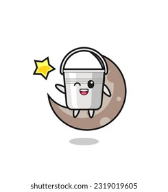 illustration of metal bucket cartoon sitting on the half moon , cute style design for t shirt, sticker, logo element