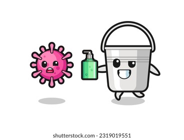 illustration of metal bucket character chasing evil virus with hand sanitizer , cute style design for t shirt, sticker, logo element