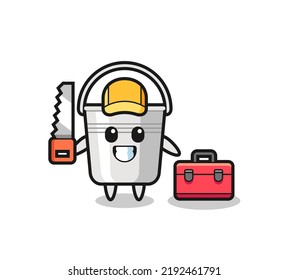 Illustration of metal bucket character as a woodworker , cute style design for t shirt, sticker, logo element