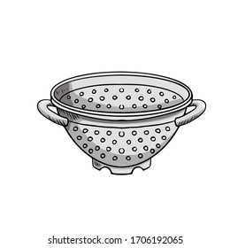 Illustration of a metal colander hand-drawn. Design element subject on the theme of cooking, baking.