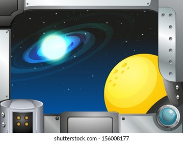 Illustration of a metal frame border with a moon and a planet