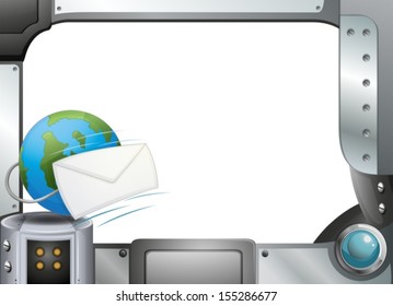 Illustration of a metal frame template with a globe and an envelope