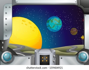 Illustration of a metal frame with a view of the outer-space