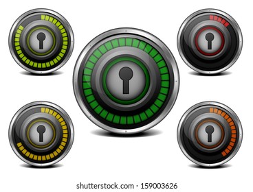 illustration of a metal framed password security meter with different levels