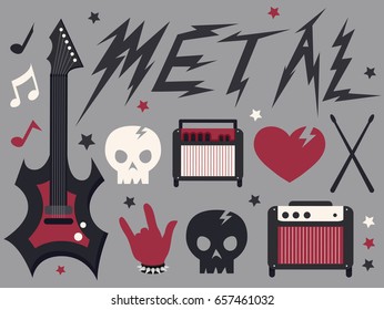 Illustration of Metal Music Elements like Electric Guitar, Skulls, Amplifier, Drum Sticks, and Keyboard