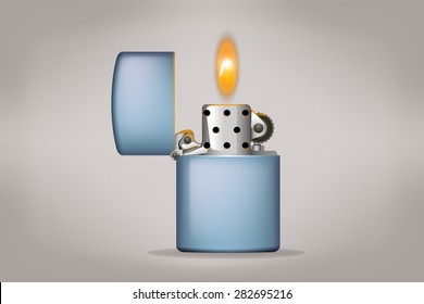 illustration of metal oil lighter on grey background with flame