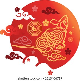 Illustration of a metal rat in chinese new year with many element in chinese culture. Perfect graphic resources for a website, banner, landing page and poster.