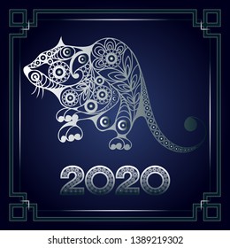 Illustration of metal rat, symbol of 2020. Silhouette of mouse, decorated with floral pattern. Vector element for New Year's design.