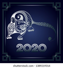 Illustration of metal rat, symbol of 2020. Silhouette of mouse, decorated with floral pattern. Vector element for New Year's design.