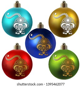 Illustration of metal rat, symbol of 2020. Christmas balls with mouse, decorated with floral pattern. Vector element for New Year's design.