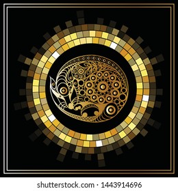 Illustration of metal rat, symbol of 2020. Silhouette of mouse, decorated with floral pattern. Vector element for New Year's design.