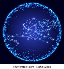 Illustration of metal rat, symbol of 2020. Silhouette of mouse in the shining round frame. Vector element for New Year's design.