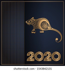 Illustration of metal rat, symbol of 2020. Silhouette of mouse, decorated with floral pattern. Vector element for New Year's design.