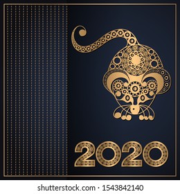 Illustration of metal rat, symbol of 2020. Silhouette of mouse, decorated with floral pattern. Vector element for New Year's design.
