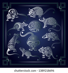 Illustration of metal rats, symbol of 2020. Silhouettes of mouses, decorated with floral pattern. Vector element for New Year's design-set.