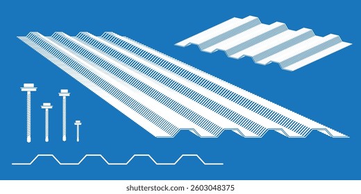 Illustration of metal roof sheet profile for residential house roofing and screw drilling self.