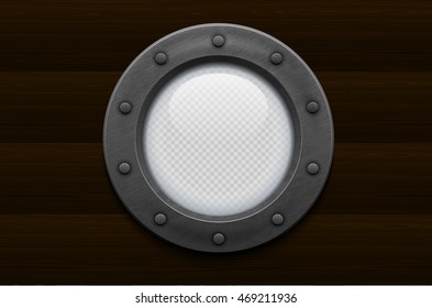 Illustration of metal ship porthole with transparent glass on wooden background. Rivets mount - Powered by Shutterstock - Get 15% off with code: PIKWIZARD15