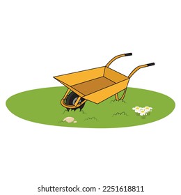 Illustration of metal wheelbarrow on grass. Vector