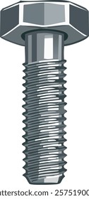 Illustration of a metallic bolt with a hexagonal head and a threaded body. Commonly used in construction, machinery, and various fastening applications