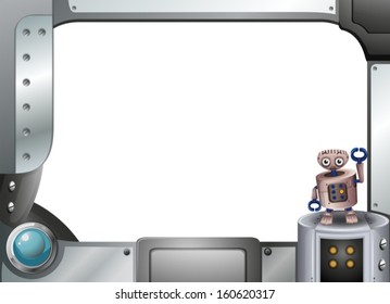 Illustration of a metallic frame with a robot standing