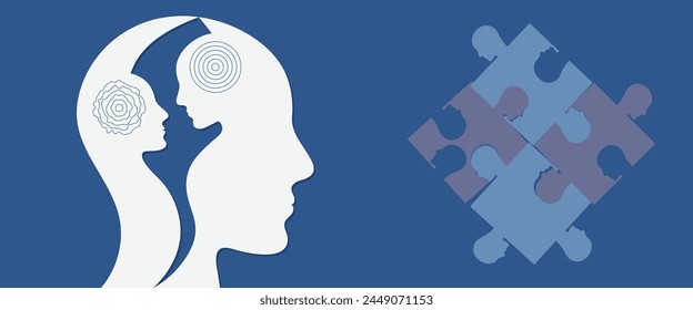 Illustration of Metaphor bipolar disorder, Double face, Split personality, Parkinson, Dual personality and Mental health.