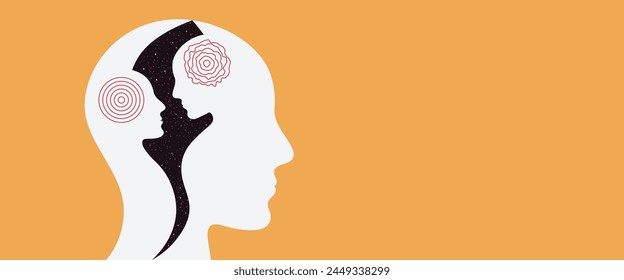 Illustration of Metaphor bipolar disorder, Double face, Split personality, Parkinson, Dual personality and Mental health