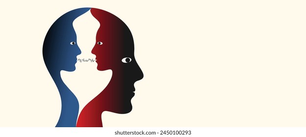 Illustration of Metaphor bipolar disorder, Double face, Split personality, Parkinson, Dual personality and Mental health