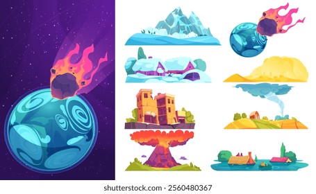 Illustration of a meteor heading towards Earth with various landscapes, including mountains, a volcano, and rural scenes.
