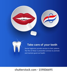 illustration a method of caring for the oral cavity on a blue background.