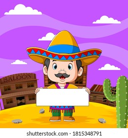 The illustration the mexican boy hold the blank board with the desert view