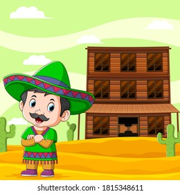 The illustration of mexican boy standing near the wooden bar 