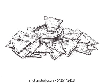 Illustration Mexican Corn Chips Nachos With Salsa Dip.Sketch Tortilla Chips.Drawing For Restaurant Menu, Label, Banner