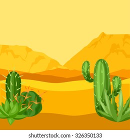 Illustration of mexican desert with cactuses and mountains.