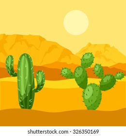 Illustration of mexican desert with cactuses and mountains.