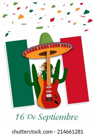 Illustration of Mexican flag for Independence Day Of Mexico with sombrero,cactus,guitar