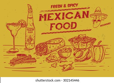 Illustration of Mexican food and drinks, vector