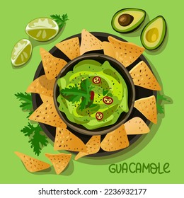 Illustration of Mexican food with spices. A plate with guacamole sauce and nachos with seasonings lying on a green background with shadows. Suitable for printing on textiles and paper. Banner, flyer