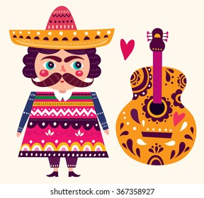 Illustration with mexican and guitar