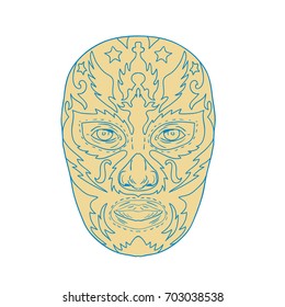 Illustration of a mexican Luchador  Lucha Libre wrestler Mask Front View done in line Drawing style on isolated background.