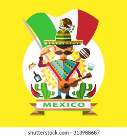 Illustration Of Mexican Man Mariachi Salute To Mexico Independence Day National Flag With Background Iconic Culture
