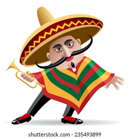 illustration of mexican musician in sombrero with trumpet drawn in cartoon style