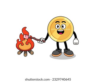 Illustration of mexican peso burning a marshmallow , character design