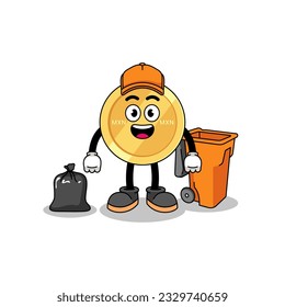 Illustration of mexican peso cartoon as a garbage collector , character design