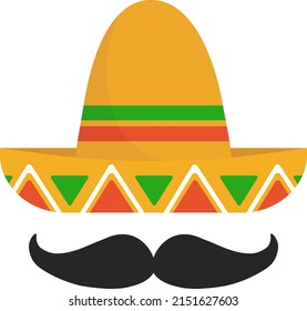 Ilustración de un sombrero mexicano con bigote. Elemento con sombrero aislado con bigote.