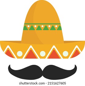 Illustration of a mexican sombrero with a mustache. Isolated sombrero element with mustache.