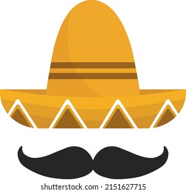 Illustration of a mexican sombrero with a mustache. Isolated sombrero element with mustache.