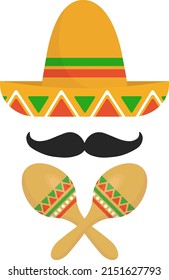 Illustration of a Mexican sombrero with a mustache and maracas. Isolated sombrero element with mustache.