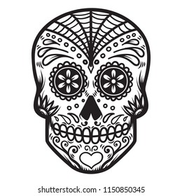 Illustration of mexican sugar skull. Day of the dead. Dia de los muertos. Design element for logo, label, emblem, sign, poster, t shirt. Vector illustration